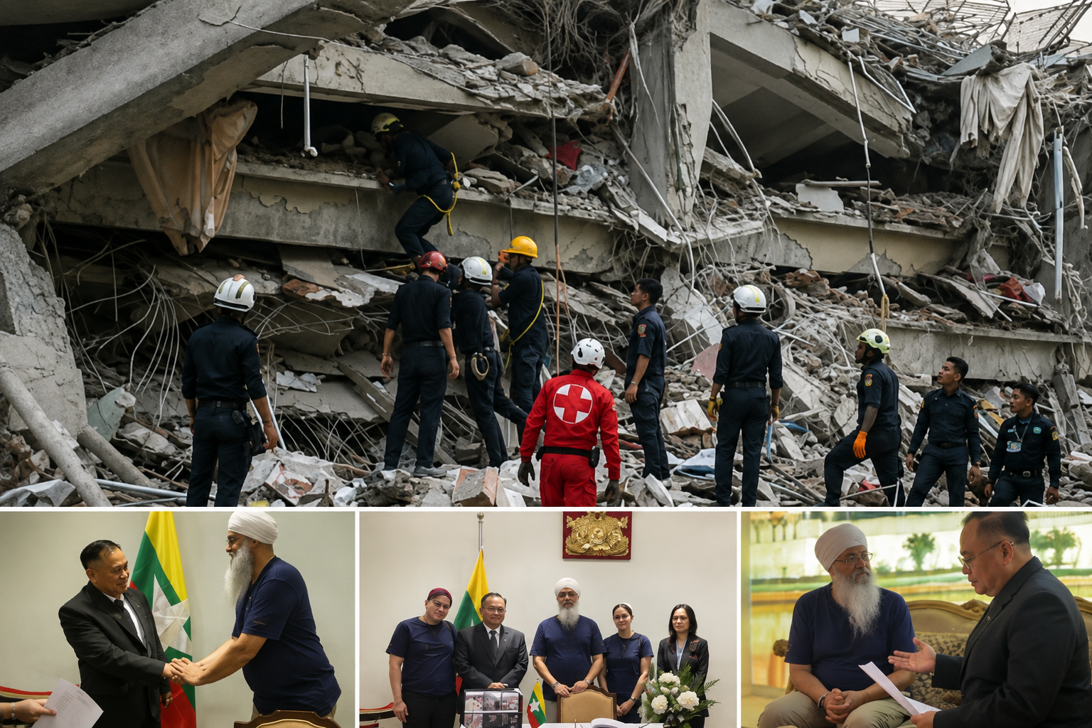 Poster for the UNITED SIKHS Malaysia Myanmar Earthquake Relief Team, showing rescue work, team images, and the relief mission date.