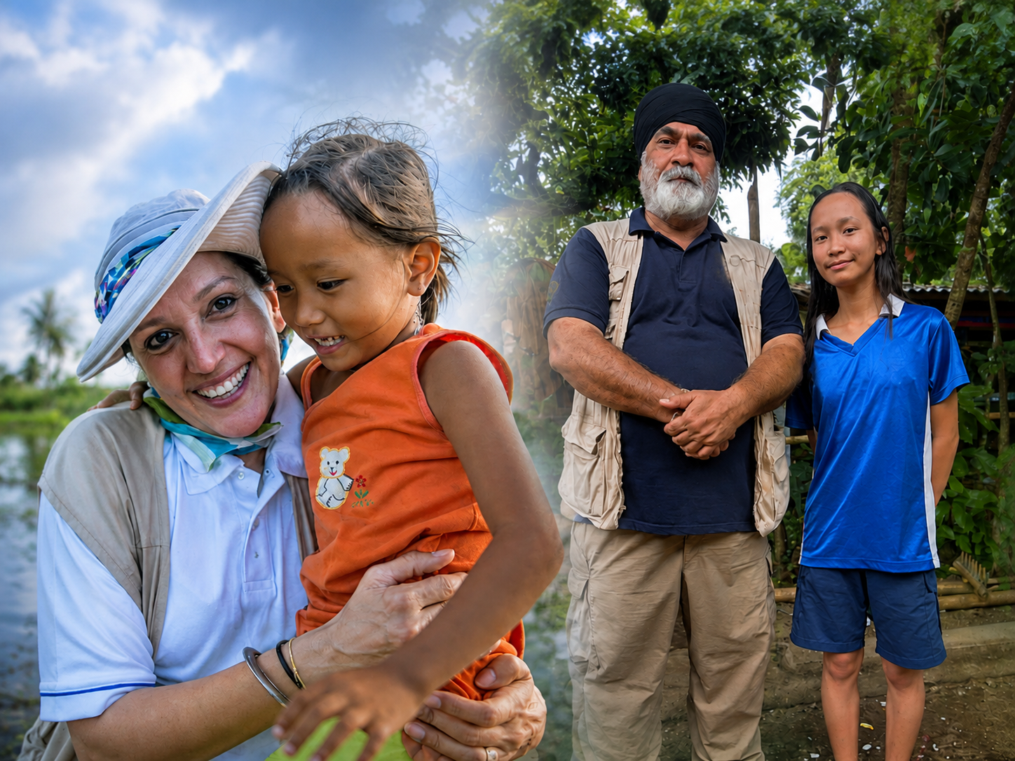 Collage showing kindness through humanitarian support, with a woman and child, and a later photo with a volunteer and a grown child in the Philippines.