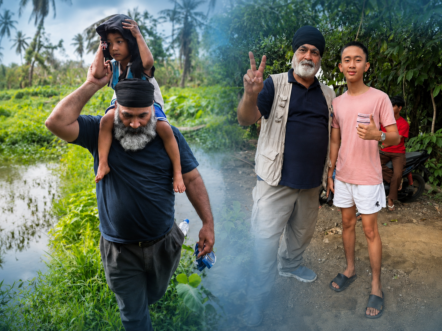 Collage showing a child being carried through disaster and a later reunion, twelve years later, in the Philippines.